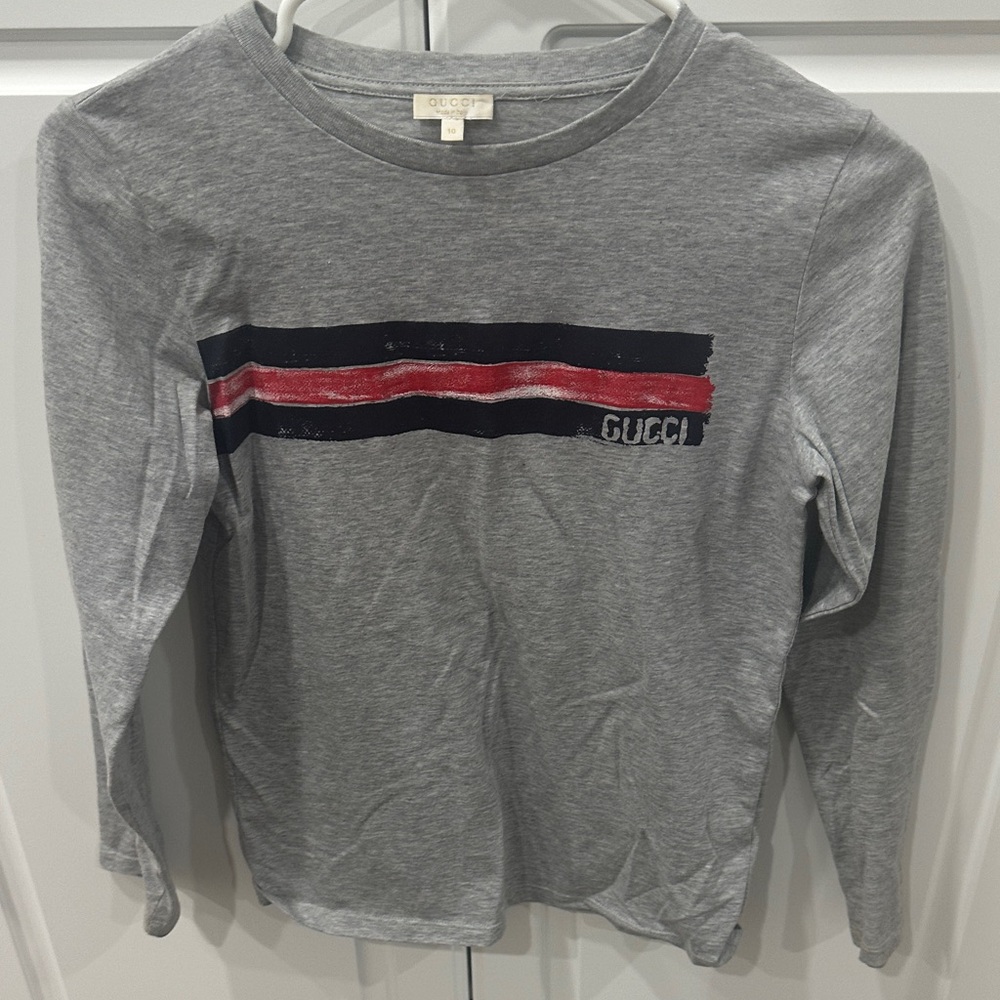 Gucci Kids Gray Long Sleeve Tee with Red and Blue Stripes